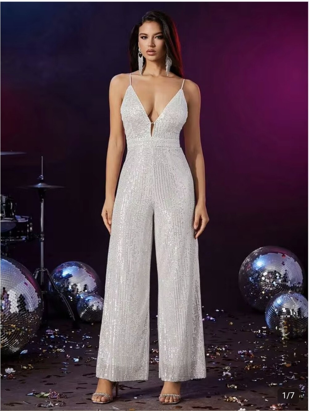 Double Crazy,Sequin V-Neck Wide-Leg Jumpsuit in Silver,Size 1xl